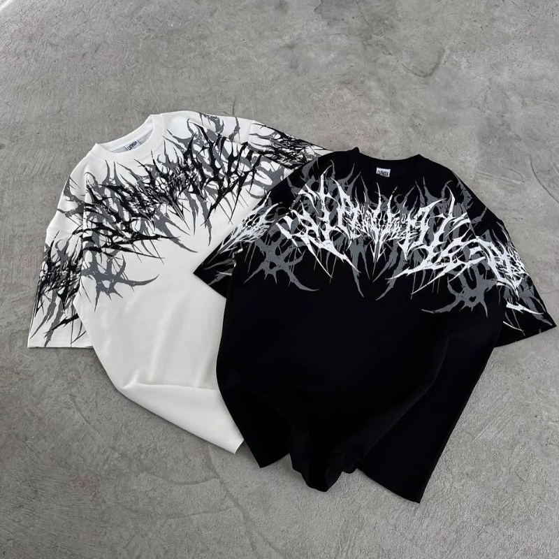 Streetwear Brand Fonts - Y2K Goth Streetwear Marken-Unisex-Oversize-T-Shirt, Dornen-Metall-Schriftzug-Print-Oberteil für